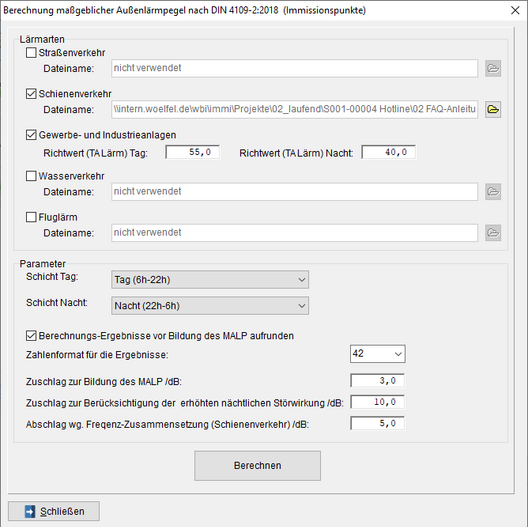 Berechnungsdiaolog für den maßgeblichen Außenlärmpegel in der Schallimmissionsschutzsoftware IMMI.