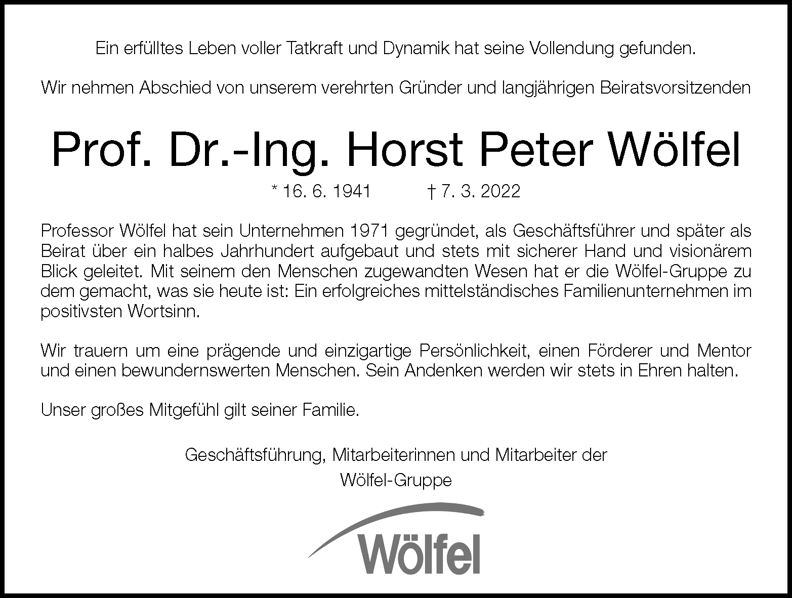 Todesanzeige Prof. Horst Peter Wölfel